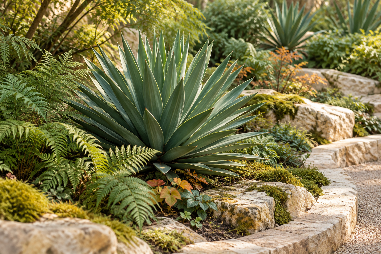 A sculptural yucca surrounded by ferns and stone in a lush conservatory garden.