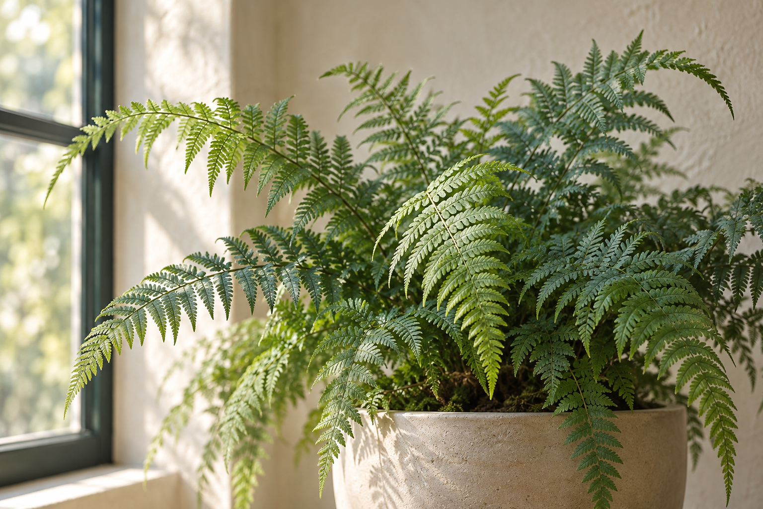 A leafy fern in a ceramic planter beside a sunlit conservatory window.
