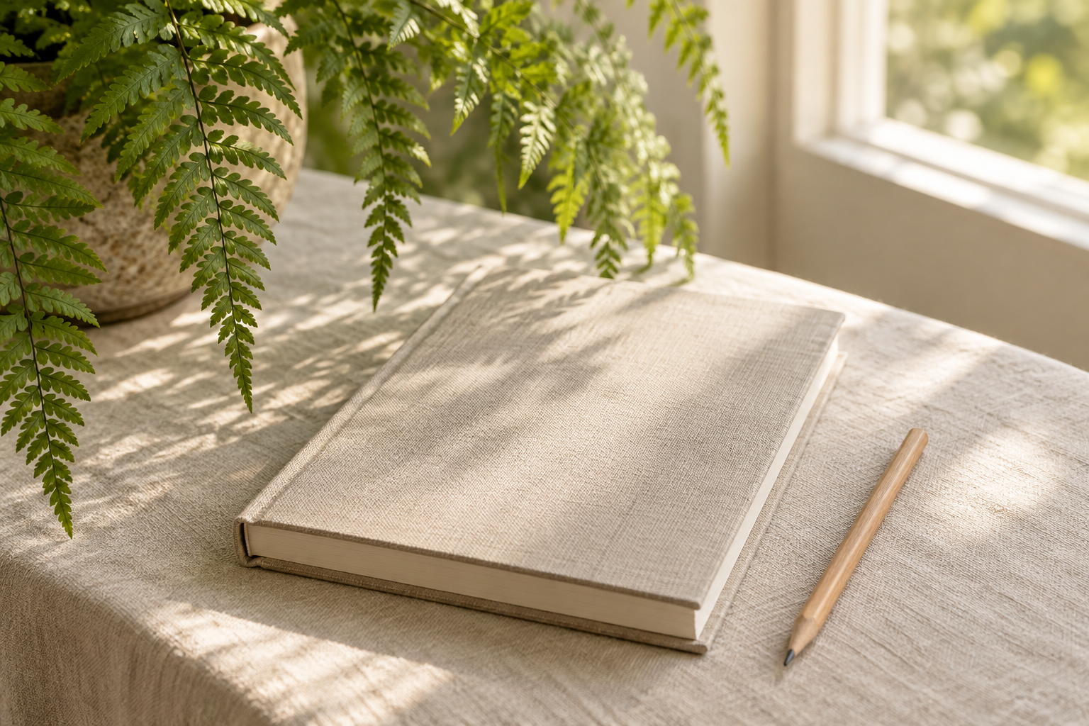 A cream linen journal and pencil beneath a leafy fern beside a sunlit window.