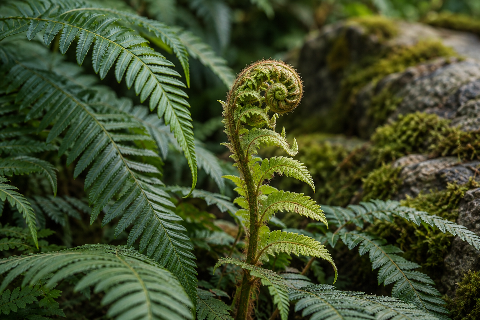 Unfurling fern among mature foliage.