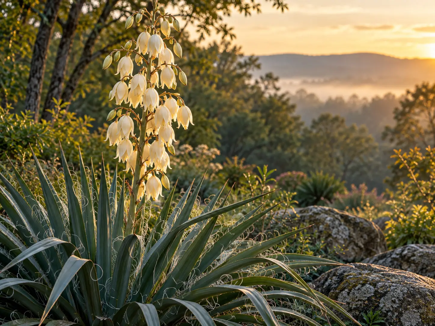 Yucca filamentosa rosette with curling thread-like leaf-margin filaments and a tall stalk of ivory bell flowers.