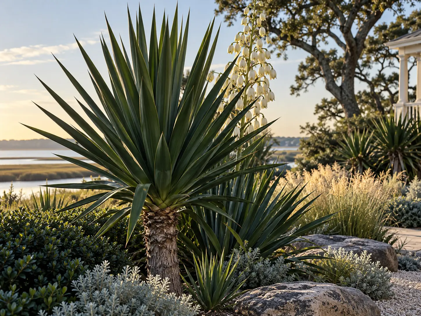 Upright Yucca aloifolia with stiff, sharply pointed leaves in a coastal North Carolina garden.