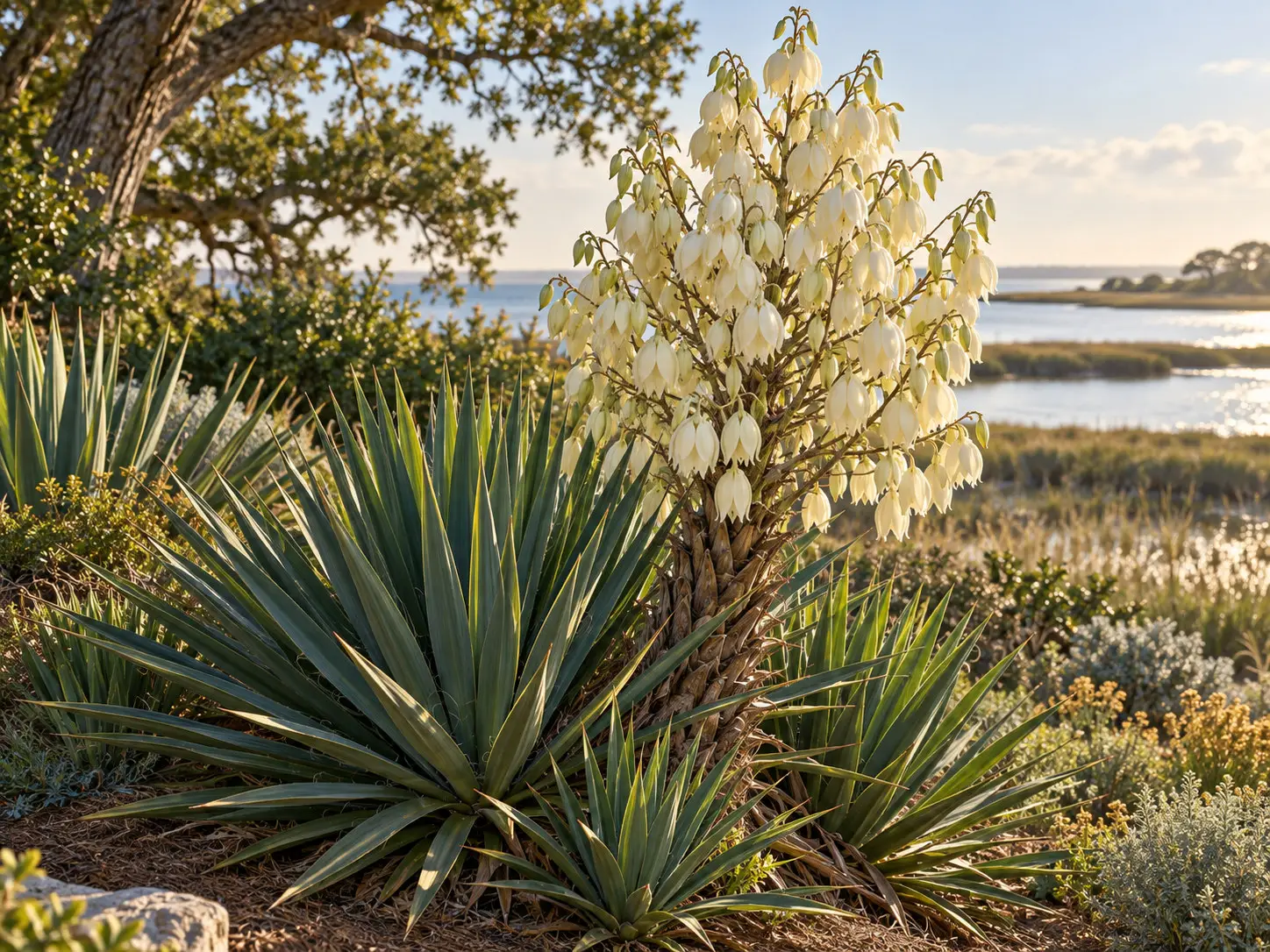 Mature Yucca gloriosa with stiff pointed leaves and a panicle of ivory-white bell flowers in a coastal garden.