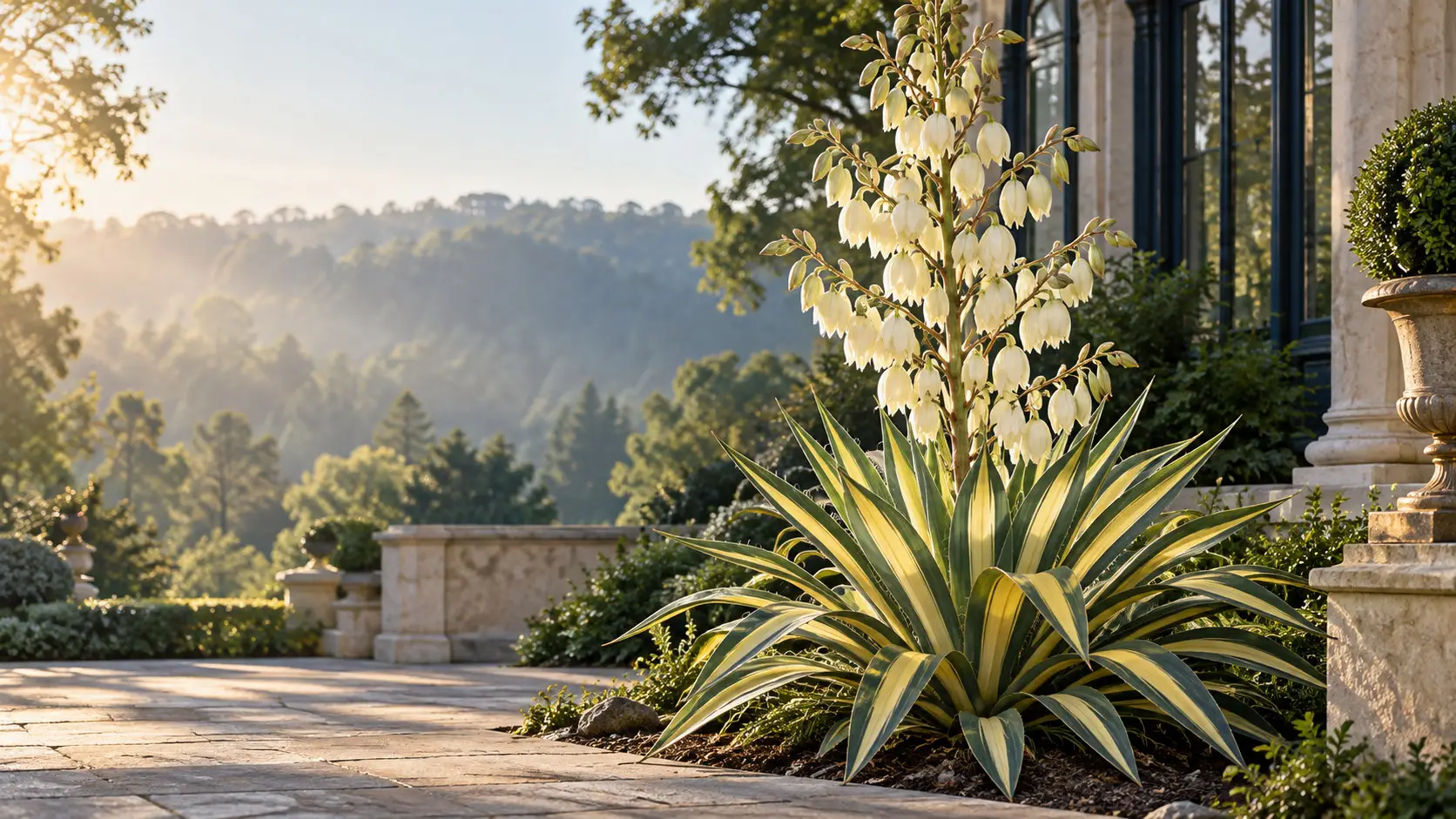 Blooming Yucca filamentosa ‘Color Guard’ with golden-centered green leaves and ivory bell flowers in a calm garden.